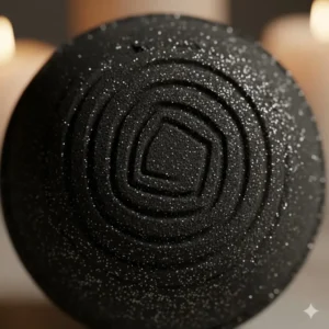 High-resolution image showing the fine texture and subtle silver glitter of a unique black bath bomb design.