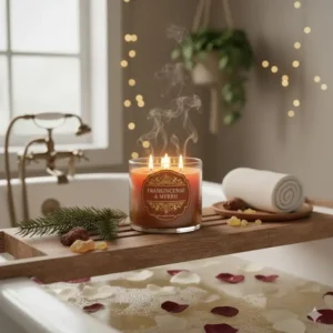 A relaxing bath setting featuring a frankincense and myrrh candle bath and body works placed on a bath caddy with rose petals in the water.