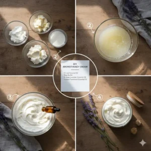 A step-by-step diagram or photo showing how to make a simple DIY aromatherapy cream using coconut oil and essential oils.
