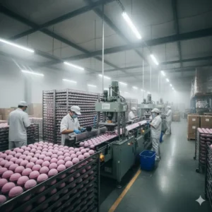 A shot of the production line where bath bombs are being pressed and dried at a large wholesale facility.