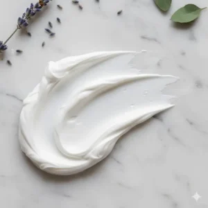 Swatch of thick, luxurious aromatherapy body cream texture on a pale marble surface showing its rich consistency.