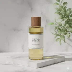 Elegant and minimal packaging design for premium scented bath oil, perfect for gifting.
