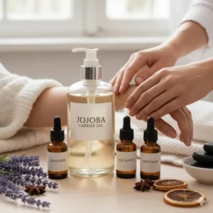 Aromatherapy set displayed with a bottle of carrier oil (like jojoba or coconut) for safe topical essential oil application or massage.