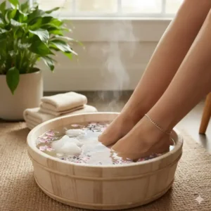 A person soaking their feet in a wooden bowl filled with warm water and dissolving relaxing bath salts to help with tired feet.