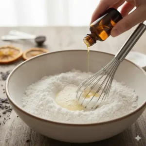 Close-up of a hand gradually adding scented oils to the dry bath bomb ingredients to achieve the perfect texture.