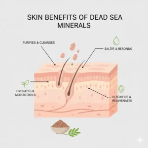 Visual representation of the purifying and detoxifying skin benefits derived from using quality Dead Sea bath minerals.