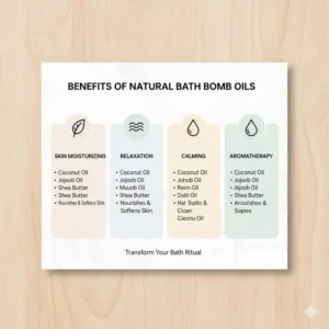 Infographic illustrating the benefits of natural bath bomb oils like coconut and jojoba for skin moisturizing and relaxation.