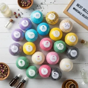 An attractive arrangement of the current best-selling scents and styles available from leading bath bomb wholesale suppliers.