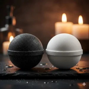 A visually striking display comparing a round black bath bomb next to a contrasting white bath bomb.