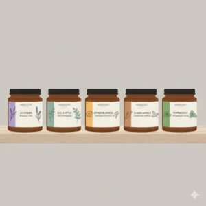 A collection of small jars labeled with different popular scents of aromatherapy cream, like eucalyptus, citrus, and sandalwood.