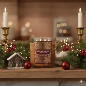 A frankincense and myrrh candle bath and body works positioned as part of elegant holiday or festive season decorations.