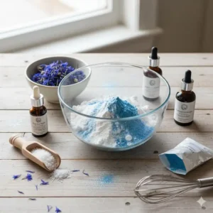 Essential raw ingredients and colors laid out for the process of making Blue Bath Bombs Bulk.