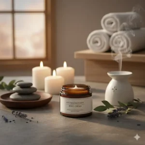 Relaxing spa setting with candles, smooth stones, and a container of aromatherapy body cream for wellness.