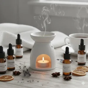 A traditional oil burner with a lit tea light and a small dish for a few drops of essential oil, often found in a complete aromatherapy set.