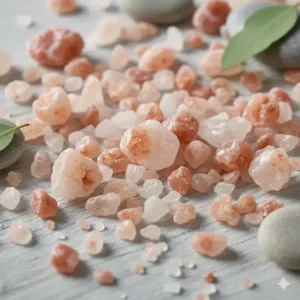 Himalayan pink salt crystals, a colorful and mineral-rich variation of relaxing bath salts, scattered on a smooth wooden surface.