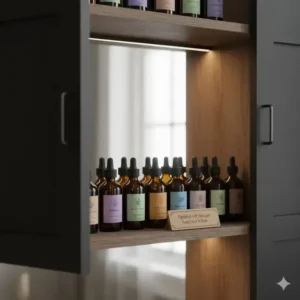 Dark glass bottles of scented oils stored away from direct sunlight to maintain potency and shelf life.