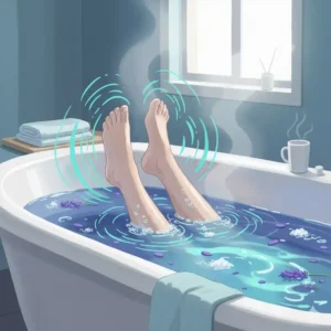 A clear glass jar of artisanal therapeutic bath salts with a simple, clean label and a small wooden scoop, showcasing quality packaging.