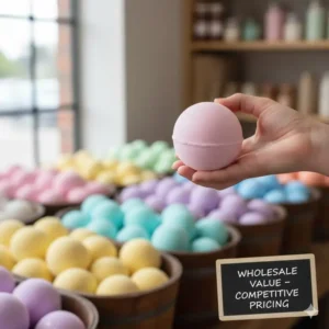 A hand holding a perfect bath bomb with a blurred background of many others, symbolizing wholesale value and competitive pricing.