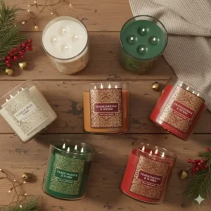 A collection of various candles, prominently featuring the frankincense and myrrh candle bath and body works among other scents.