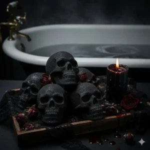 Skull-shaped black bath bombs, perfect for a spooky Halloween or gothic-themed bath.
