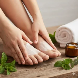 Photo of a foot being massaged with a peppermint-infused aromatherapy cream to soothe and refresh tired muscles.