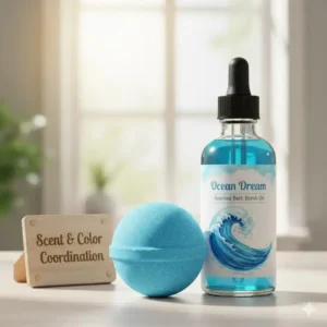 An example of a blue bath bomb next to a bottle of blue-tinted ocean-scent bath bomb oil.