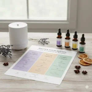 An instruction guide or chart detailing how to safely blend and use the essential oils from an aromatherapy set for different moods.