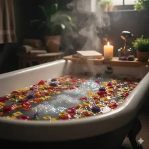A warm, steaming bathtub with scattered flower petals and relaxing bath salts dissolving in the water, illustrating a perfect home spa experience.