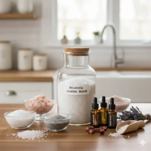A photograph of the ingredients needed for a DIY bath minerals recipe, including jars of salts, essential oils, and herbs.