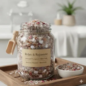 A close-up of coarse, mineral-rich granules, highlighting the skin-benefiting properties of Dead Sea therapeutic bath salts.