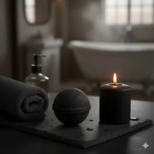 A relaxing setup with a lit candle, fluffy towel, and a rich, dark black bath bomb beside the tub.