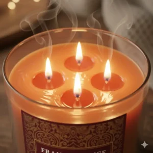 A detailed top-down view of the melted wax pool of a frankincense and myrrh candle bath and body works, showing its texture and burning wicks.