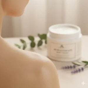 Healthy, moisturized skin on a shoulder after using the natural aromatherapy body cream.