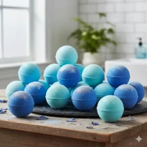 An assortment showing light to dark blue shades of Blue Bath Bombs Bulk on a clean, contrasting surface.