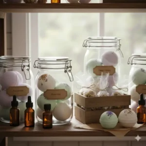 Finished bath bombs wrapped and sealed in airtight containers to preserve the fragrance and properties of the bath bomb oils.