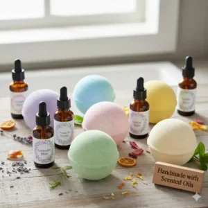Final image showing a selection of finished, colorful homemade bath bombs infused with different scented oils.