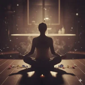 A silhouette of a person sitting in a meditative pose, illustrating the deep sense of calm and mental relaxation achieved after using relaxing bath salts.