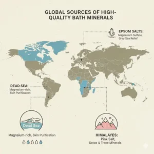 A map or image illustrating the source of high-quality bath minerals, such as a salt flat or the Dead Sea region.