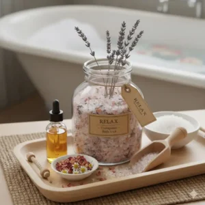 Dried lavender flowers and sprigs resting on a pile of pink or purple therapeutic bath salts, symbolizing a soothing and calming scent.