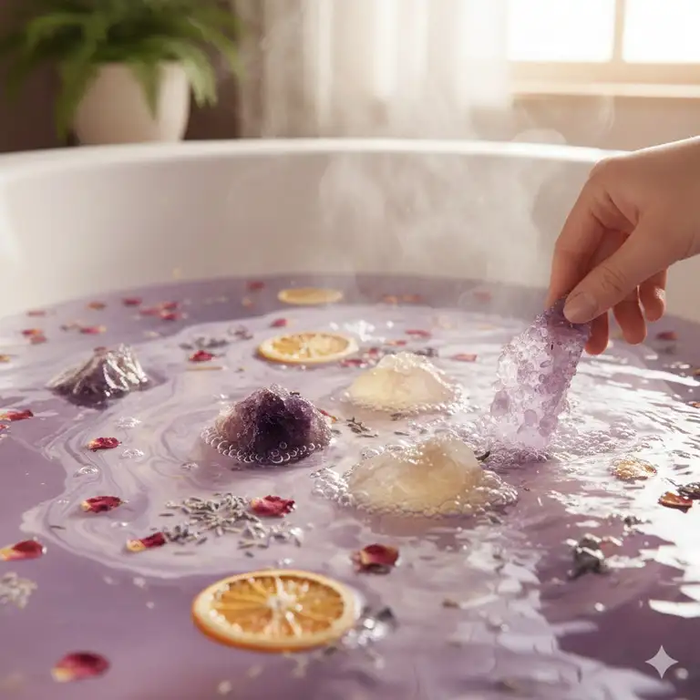 A relaxing close-up of colorful, naturally scented bath crystals dissolving in a warm bath, creating a soothing aromatherapy experience.