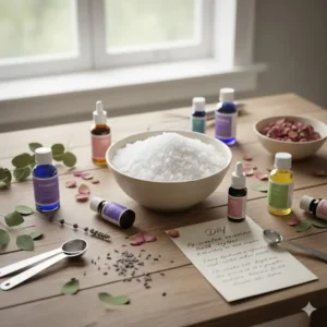 A collection of ingredients, including Epsom salt, essential oils, and natural colorant, ready for a DIY scented bath crystals recipe.