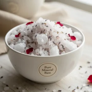 Close-up of coarse grain Epsom salts and sea salt, the pure mineral base for the organic bath salts.