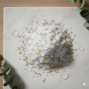 Close-up of natural ingredients used in non toxic bath salts including coarse sea salt and essential oils.