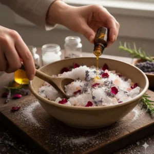 A person mixing handmade bath salts and essential oils in a glass bowl.