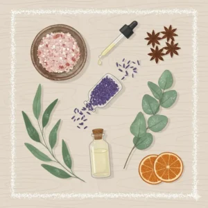 Illustration 1: An illustration of common natural bath soak ingredients including Himalayan pink salt, dried lavender, and eucalyptus leaves.