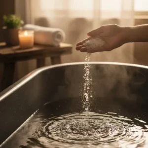 Close-up view of the natural and beneficial ingredients used in the best bath salts for sale, such as Epsom salt and dried flowers.