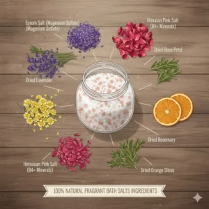 Diagram showing the natural ingredients used in high-quality fragrant bath salts, including Epsom salt, Himalayan pink salt, and dried rose petals.