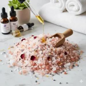 A top-down view of pink Himalayan salt and Epsom salt crystals used for making aromatherapy bath salts.