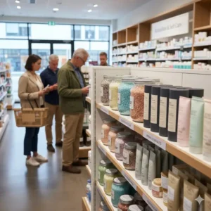 A well-stocked pharmacy aisle providing a clear answer to where do i get bath salts locally.