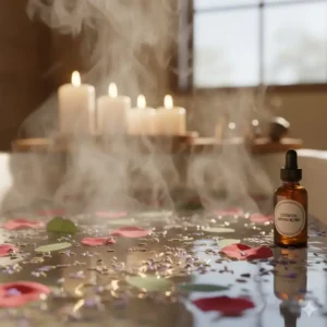 Steam rising from a warm bath water infused with organic bath salts and natural essential oils for aromatherapy.